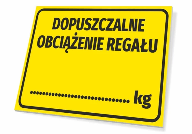 Tabliczka Dopuszczalne obciążenie regału - Wzór graficzny. Żółte tło z czarnym tekstem i linią do wpisania wartości