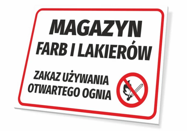 Tabliczka Magazyn farb i lakierów- zakaz używania otwartego ognia - Wzór graficzny. Prostokątna tabliczka z czerwonymi
