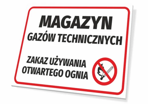 Tabliczka BHP Magazyn gazów technicznych - zakaz używania otwartego ognia z czerwonym piktogramem zakazu na białym tle