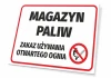 Tabliczka Magazyn paliw, zakaz używania otwartego ognia - Wzór graficzny. Prostokątna tabliczka z białym tłem, czarnym