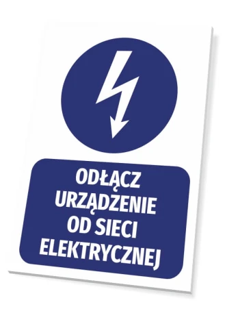 Tabliczka Odłącz urządzenie od sieci elektrycznej - Wzór graficzny. Okrągły symbol błyskawicy nad prostokątnym napisem