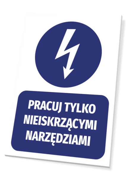 Tabliczka Pracuj tylko nieiskrzącymi narzędziami - Wzór graficzny. Grafika przedstawia niebieski piorun w okręgu oraz tekst