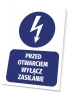 Tabliczka Przed otwarciem wyłącz zasilanie - Wzór graficzny. Grafika przedstawia błyskawicę w okręgu oraz tekst