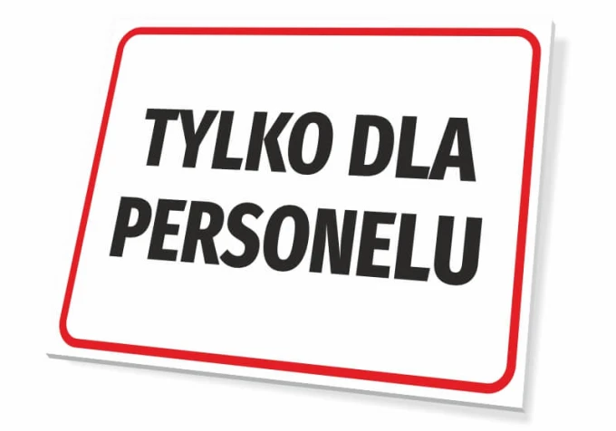 Tabliczka Tylko dla personelu - Wzór graficzny. Prosty prostokąt z czerwoną ramką i dużym, czarnym tekstem