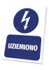 Tabliczka Uziemiono - Wzór graficzny. Okrągły symbol błyskawicy nad prostokątnym napisem UZIEMIONO