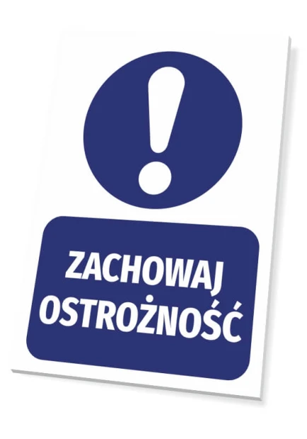 Tabliczka Zachowaj ostrożność - Wzór graficzny. Okrągły symbol z wykrzyknikiem nad napisem na prostokątnym tle