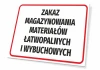 Tabliczka Zakaz magazynowania materiałów łatwopalnych i wybuchowych - Wzór graficzny. Prostokątna tabliczka z białym tłem