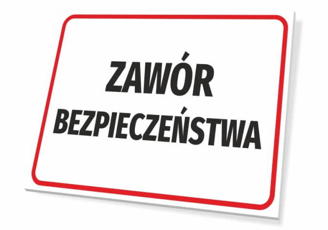Tabliczka Zawór bezpieczeństwa - Wzór graficzny. Prosty prostokąt z białym tłem i czarnym napisem na czerwonym obramowaniu