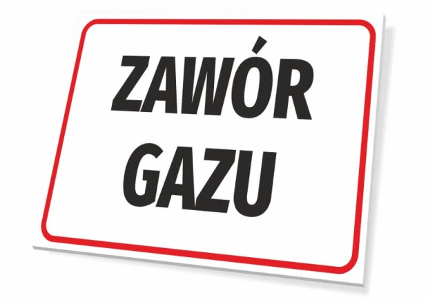 Tabliczka BHP z czarnym napisem ZAWÓR GAZU w czerwonej ramce na białym tle, pokazana jako wizualizacja wzoru