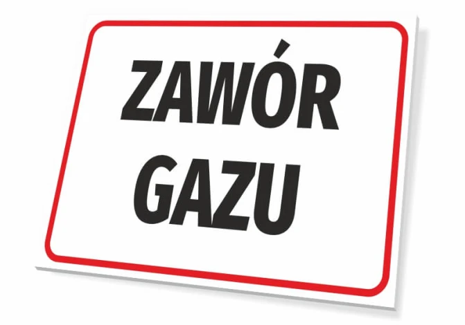Tabliczka Zawór gazu - Wzór graficzny. Prostokątna tabliczka z białym tłem i dużymi, czarnymi literami. Czerwony obramowanie