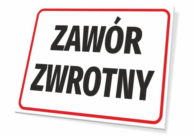 Tabliczka Zawór zwrotny - Wzór graficzny. Prosta prostokątna tabliczka z dużymi, czarnymi literami na białym tle, otoczona