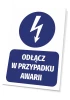 Tabliczka Odłącz w przypadku awarii - Wzór graficzny. Okrągły symbol błyskawicy nad prostokątnym napisem na niebieskim tle