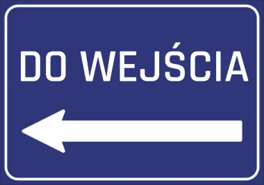 Naklejka Do wejścia w lewo N249 - Wzór graficzny. Niebieskie tło z białym napisem i strzałką w lewo