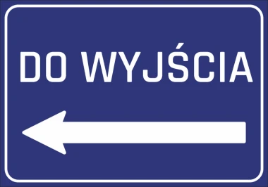 Naklejka Do wyjścia N254 - Wzór graficzny. Niebieskie tło z białym napisem DO WYJŚCIA i strzałką w lewo