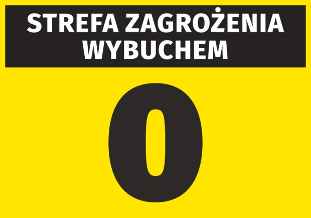 Żółto-czarna naklejka BHP ostrzegająca o strefie zagrożenia wybuchem 0, przedstawiona na białym tle