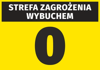 Naklejka Strefa zagrożenia wybuchem N258 - Wzór graficzny. Żółte tło z dużym czarnym napisem i cyfrą 0