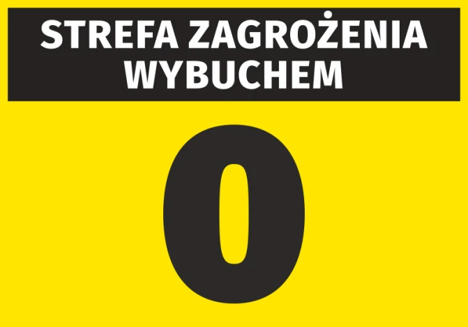 Naklejka Strefa zagrożenia wybuchem N258 - Wzór graficzny. Żółte tło z dużym czarnym napisem i cyfrą 0