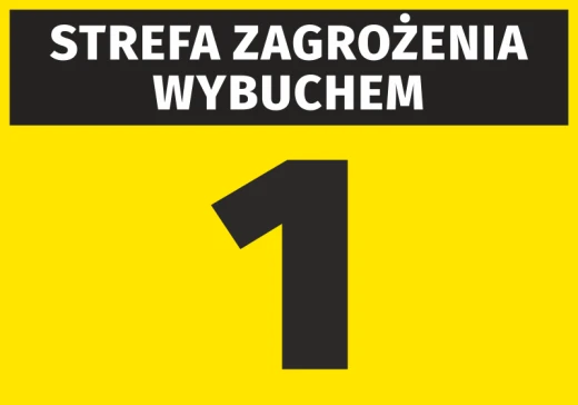 Żółta naklejka BHP z czarnym napisem Strefa zagrożenia wybuchem oraz dużą cyfrą jeden na białym tle