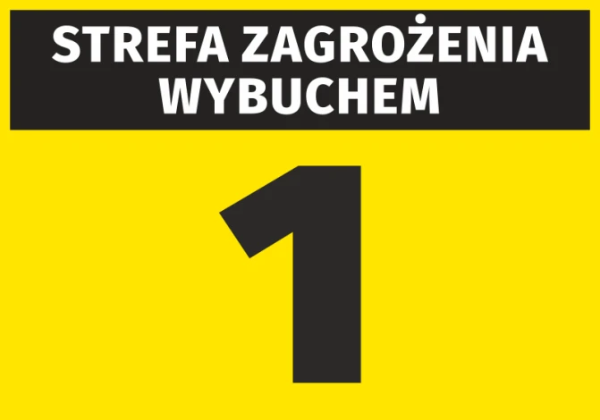 Naklejka Strefa zagrożenia wybuchem N259 - Wzór graficzny. Żółte tło z czarnym napisem i dużą cyfrą 1