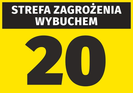 Żółta naklejka BHP Strefa zagrożenia wybuchem 20 z czarnym napisem ostrzegawczym na białym tle wizualizacji