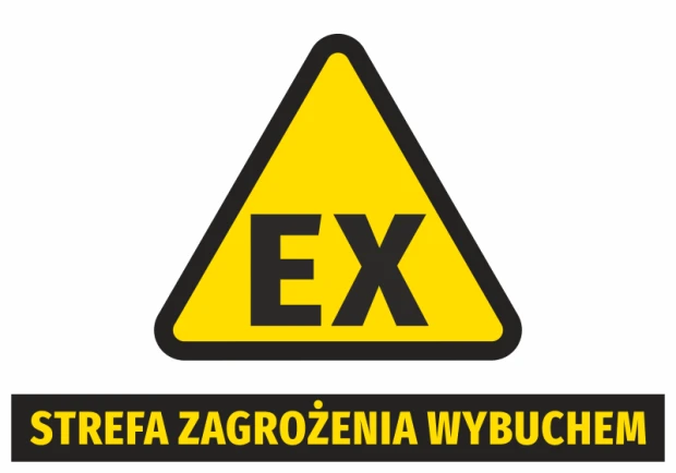 Naklejka BHP z żółtym trójkątem ostrzegawczym EX i napisem Strefa zagrożenia wybuchem na białym tle