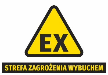 Naklejka Strefa zagrożenia wybuchem N265 - Wzór graficzny. Żółty trójkąt z czarnym napisem EX oraz czarnym paskiem z napisem
