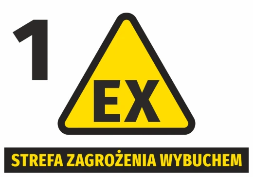 Naklejka BHP na białym tle z żółtym trójkątem EX, cyfrą 1 i napisem Strefa zagrożenia wybuchem