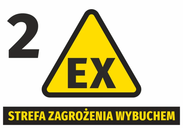 Naklejka Strefa zagrożenia wybuchem N267 - Wzór graficzny. Żółty trójkąt z czarnym napisem i cyfrą 2
