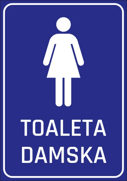 Naklejka Toaleta damska - Wzór graficzny. Prosta sylwetka kobiety na niebieskim tle z napisem