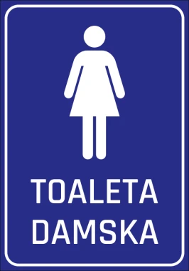 Naklejka Toaleta damska - Wzór graficzny. Prosta sylwetka kobiety na niebieskim tle z napisem