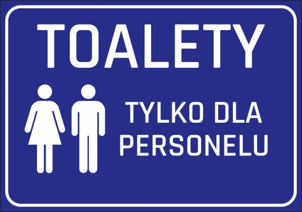 Niebieska naklejka informacyjna na drzwi z białym piktogramem i napisem Toalety tylko dla personelu