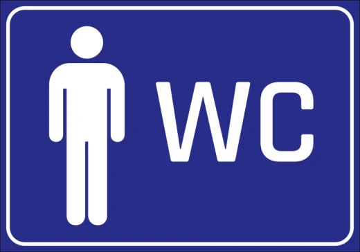 Niebieska prostokątna naklejka informacyjna na drzwi z białym piktogramem mężczyzny oraz napisem WC