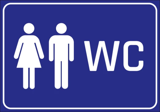 Niebieska naklejka informacyjna na drzwi z białym piktogramem kobiety, mężczyzny oraz napisem WC