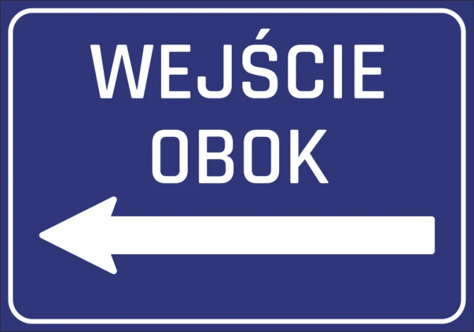 Naklejka Wejście obok N252 - Wzór graficzny. Niebieskie tło z białym napisem i strzałką w lewo