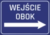 Naklejka Wejście obok N253 - Wzór graficzny. Niebieskie tło z białym napisem i strzałką w prawo