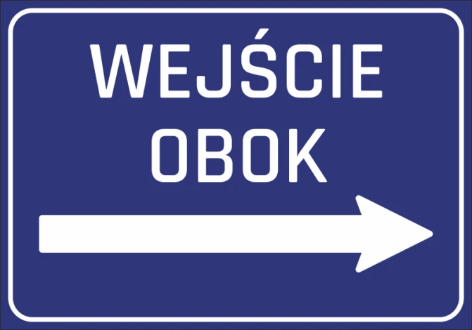 Naklejka Wejście obok N253 - Wzór graficzny. Niebieskie tło z białym napisem i strzałką w prawo
