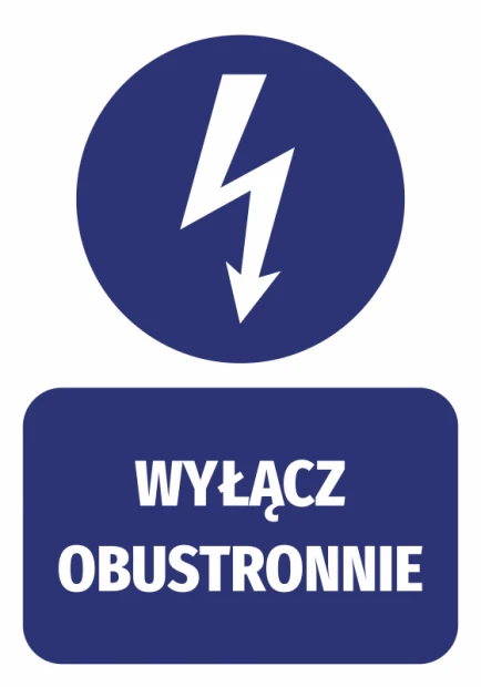 Naklejka Wyłącz obustronnie - Wzór graficzny. Okrągły kształt z błyskawicą na ciemnym tle, napis w dolnej części