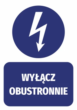 Naklejka Wyłącz obustronnie - Wzór graficzny. Okrągły kształt z błyskawicą na ciemnym tle, napis w dolnej części