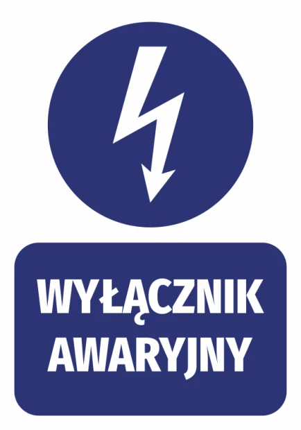 Niebieska naklejka BHP do instalacji technicznych z białym piktogramem błyskawicy i napisem Wyłącznik awaryjny