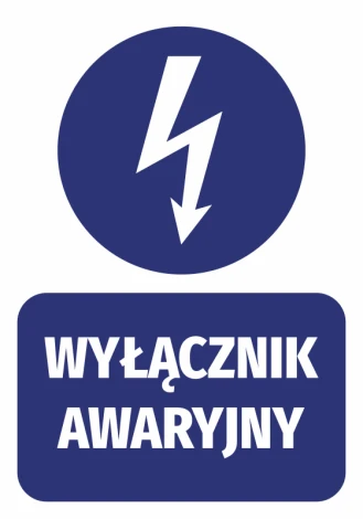 Naklejka Wyłącznik awaryjny N230 - Wzór graficzny. Okrągły kształt z błyskawicą i prostokątnym napisem