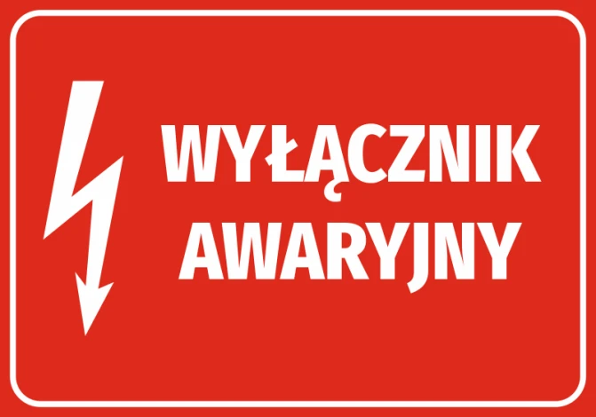Naklejka Wyłącznik awaryjny N241 - Wzór graficzny. Czerwone tło z białym napisem i symbolem błyskawicy