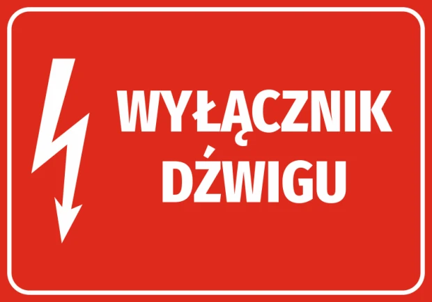 Czerwona naklejka BHP z białym piktogramem błyskawicy i napisem Wyłącznik dźwigu na białym tle wizualizacji