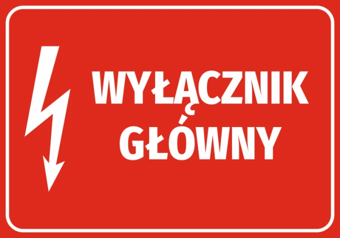 Naklejka Wyłącznik główny - Wzór graficzny. Czerwone tło z białym napisem i symbolem błyskawicy