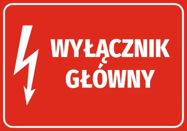Naklejka Wyłącznik główny - Wzór graficzny. Czerwone tło z białym napisem i symbolem błyskawicy