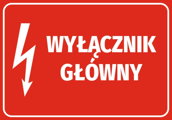 Naklejka Wyłącznik główny - Wzór graficzny. Czerwone tło z białym napisem i symbolem błyskawicy