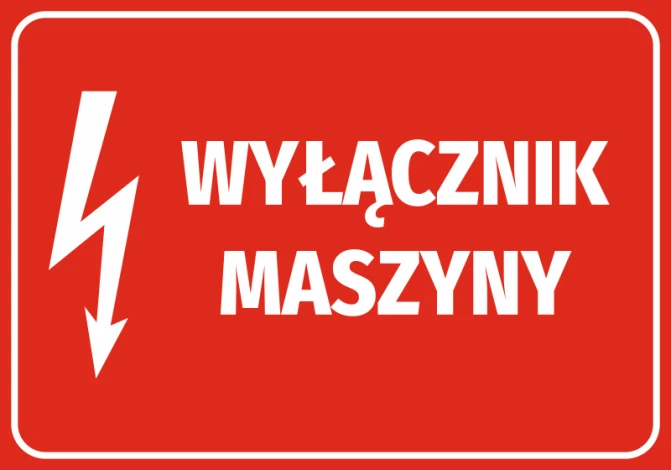 Naklejka Wyłącznik maszyny - Wzór graficzny. Czerwone tło z białym napisem i symbolem błyskawicy