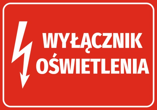 Czerwona naklejka BHP z białym napisem Wyłącznik oświetlenia i piktogramem błyskawicy na białym tle