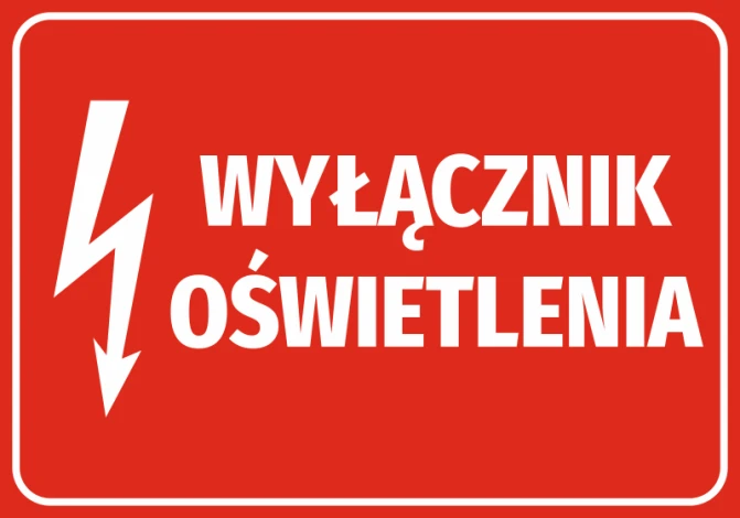 Naklejka Wyłącznik oświetlenia - Wzór graficzny. Czerwone tło z białym napisem i symbolem błyskawicy