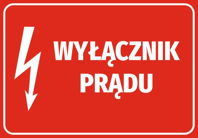 Naklejka Wyłącznik prądu - Wzór graficzny. Czerwone tło z białym symbolem błyskawicy i napisem