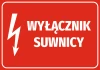 Naklejka Wyłącznik suwnicy - Wzór graficzny. Czerwone tło z białym napisem i symbolem błyskawicy